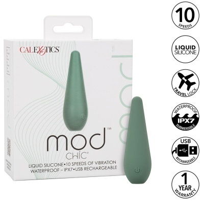 Vibrador verde em silicone líquido com caixa branca, texto mod CHIC, 10 velocidades, à prova de água e recarregável por USB