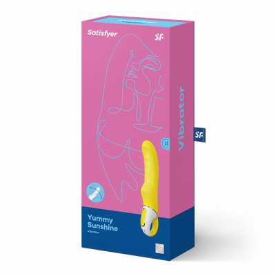 Embalagem de vibrador Satisfyer Yummy Sunshine amarelo e branco sobre fundo rosa e azul