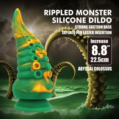 Dildo de silicone verde e amarelo com aspeto tentacular e texto com especificações do produto
