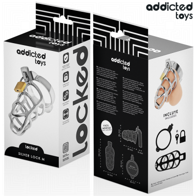 Caixa do produto locked da addicted toys com gaiola prateada e cadeado dourado