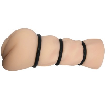 Produto em silicone bege com três anéis pretos sobre fundo branco