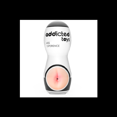 Frasco de plástico branco com texto 'addicted toys' e 'ASS EXPERIENCE' e imagem simulando ânus