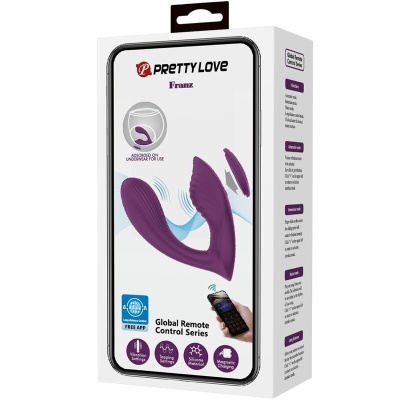 Embalagem de produto 'Pretty Love Franz' com estimulador roxo de silicone e controle remoto global.