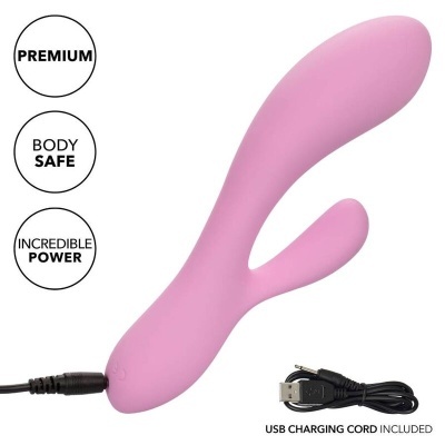 Vibrador cor-de-rosa com cabo USB e texto promocional