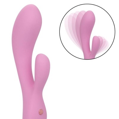 Vibrador rosa em silicone com dupla estimulação e botão na base