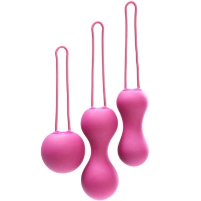 Três bolas de exercício rosa em silicone para pompoarismo com cordão fino