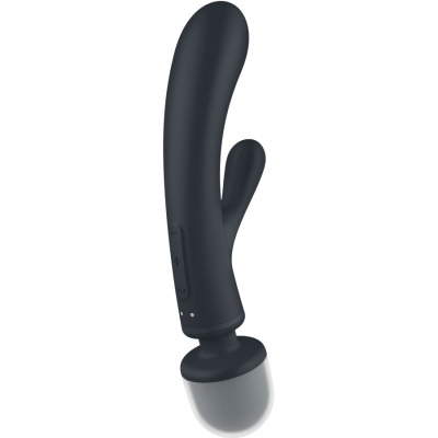 Vibrador curvo preto com base branca e botão lateral