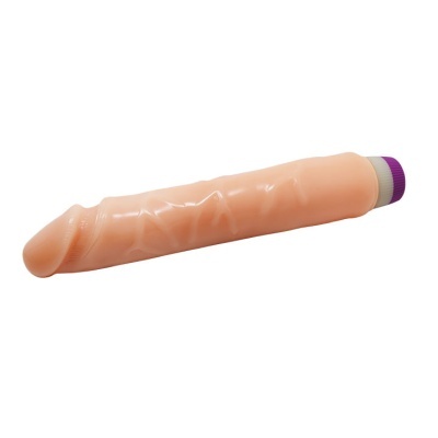 Vibrador cor de pele com base cinza e roxa