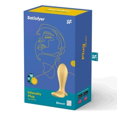 Embalagem azul e amarela do vibrador Satisfyer Intensity Plug com desenho de rosto e ícones de aplicação móvel
