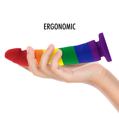 Objeto ergonómico colorido a ser segurado pela mão com texto ERGONOMIC