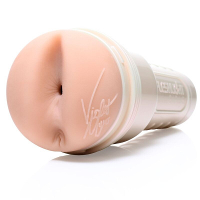 Produto cilíndrico branco com ponta cor de pele e assinatura Violet Moxxx