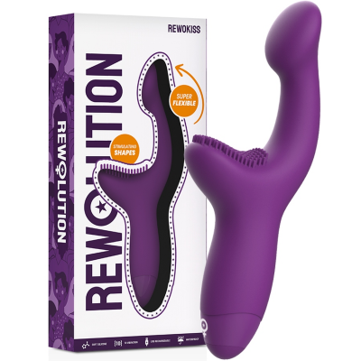 Vibrador roxo e sua embalagem com texto REWOLUTION.
