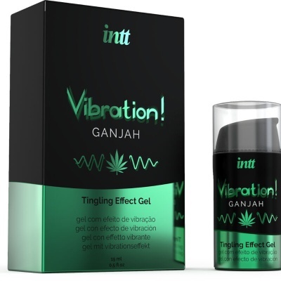 Frasco e embalagem do gel Vibration! GANJAH da intt em preto e verde.