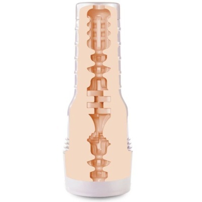Produto cilíndrico com interior texturizado visível através de capa transparente