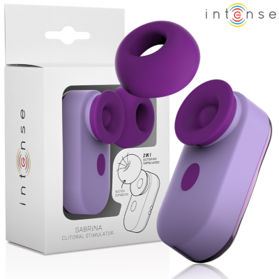 Estimulador clitoriano roxo com acessório e embalagem branca.