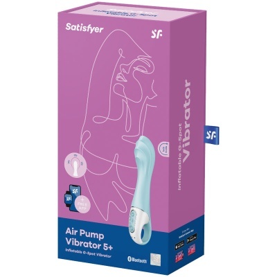 Embalagem do vibrador Air Pump Vibrator 5+ azul em fundo roxo e azul com texto e ícones