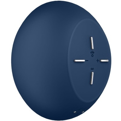 Coluna de som portátil azul com botões de controlo prateados