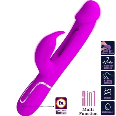 Vibrador rosa em silicone com detalhes prateados e ícones funcionais à direita