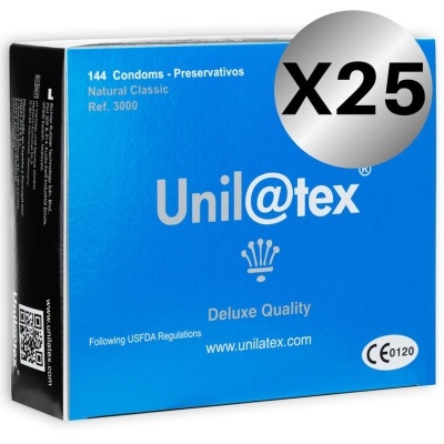 Caixa azul de preservativos Unilatex com texto branco e cinzento