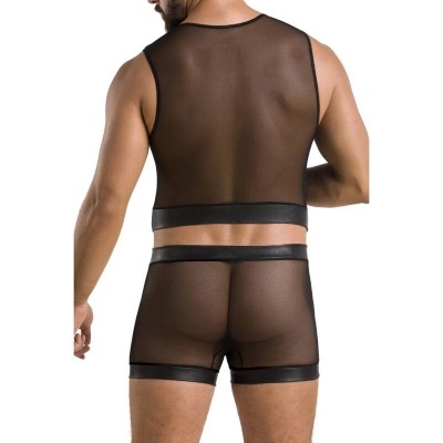 Conjunto de roupa interior masculino transparente preto, vista de costas