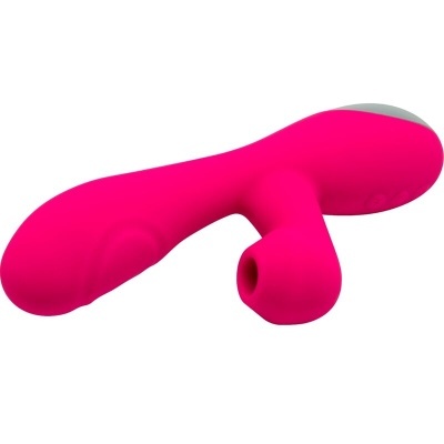 Vibrador cor-de-rosa anatómico com parte adicional pequena em silicone.