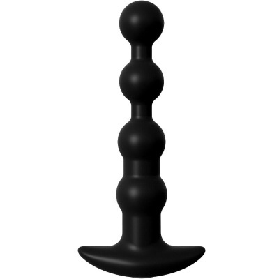 Plug anal preto de silicone com quatro esferas e base em T sobre fundo branco