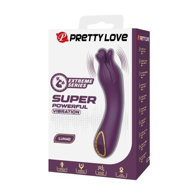 Embalagem do vibrador roxo Pretty Love série EXTREME SERIES com texto SUPER POWERFUL VIBRATION