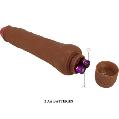 Vibrador marrom formato pénis com pilhas AA e texto '2 AA BATTERIES'