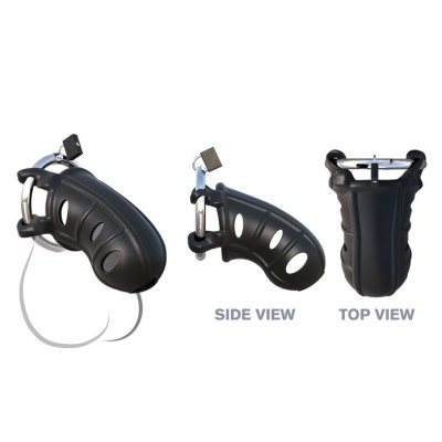 Dispositivo negro curvo com cadeado e fio branco em fundo branco