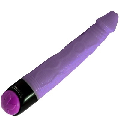 Vibrador roxo com base preta e detalhe em forma de flor