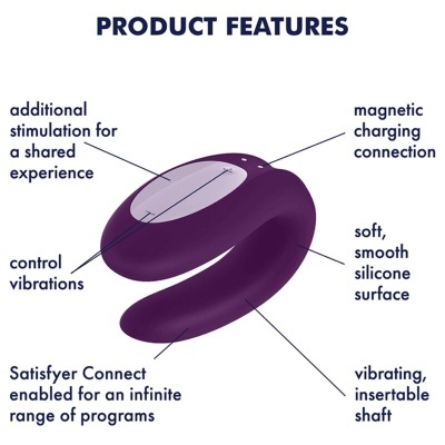 Dispositivo roxo em silicone com etiquetas de características do produto em inglês