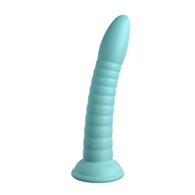 Dildo azul claro com textura estriada e base redonda
