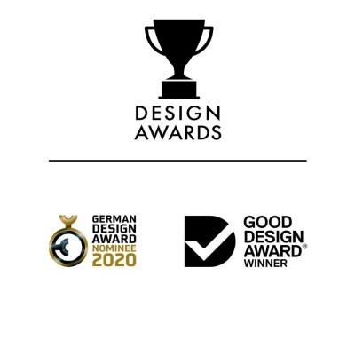 Logos de prémios de design: troféu, German Design Award Nominee 2020 e Good Design Award Winner.