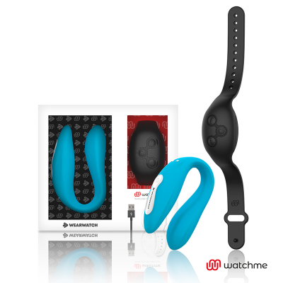 Wearable em silicone azul e preto com bracelete preta e controle remoto, embalagem e cabo USB