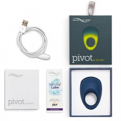 Conjunto We-Vibe Pivot com anel azul escuro, embalagem, cabo USB e lubrificante