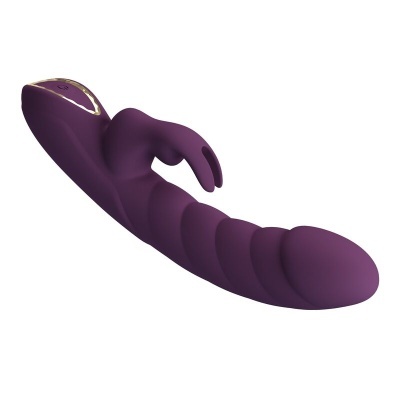 Vibrador roxo em silicone com textura espiralada e detalhes dourados