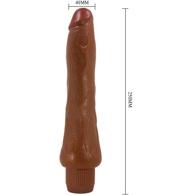 Dildo castanho com textura e dimensões indicadas