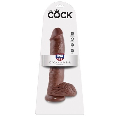 Produto de silicone castanho em forma de pénis com bolas, embalagem branca