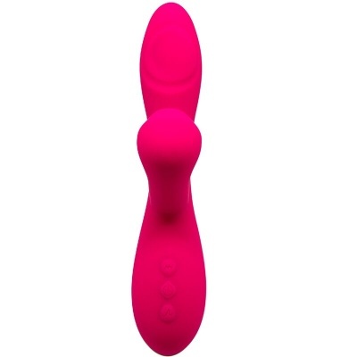 Vibrador rosa com três botões no cabo e textura ondulada na parte superior