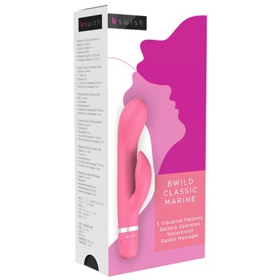 Embalagem rosa e branco com massageador de coelho cor-de-rosa de silicone