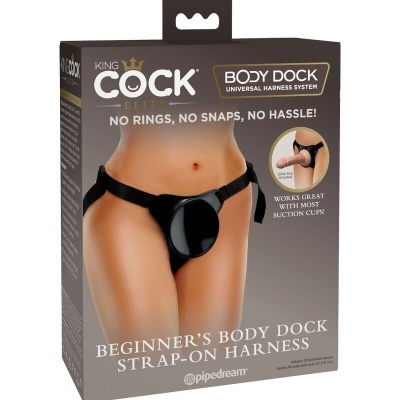 Arnês strap-on preto KING COCK ELITE BODY DOCK para iniciantes em embalagem