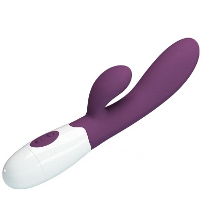 Vibrador roxo com base branca e botão de controlo