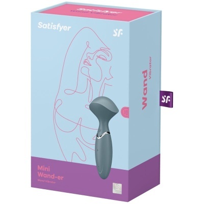 Mini Wand-er Satisfyer, vibrador cinza, embalagem azul e roxa com ilustração de rosto