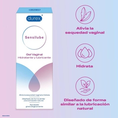 Embalagem de gel vaginal Durex Sensilube branco e azul claro com texto em castelhano
