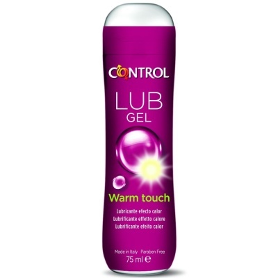 Gel lubrificante roxo com tampa transparente, texto CONTROL LUB GEL Warm touch