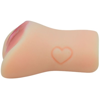 produto de silicone em forma de parte inferior do corpo humano cor de pele com coração vermelho