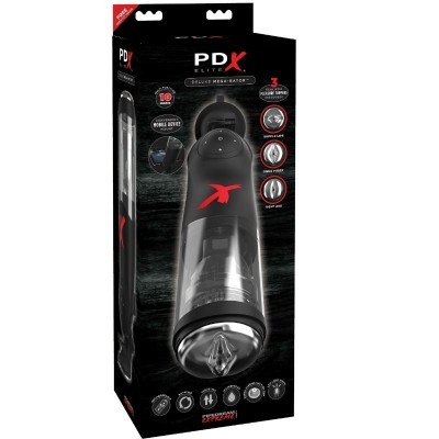Embalagem do produto PDX ELITE X Deluxe Masturbator preto com detalhes em vermelho e texto explicativo.