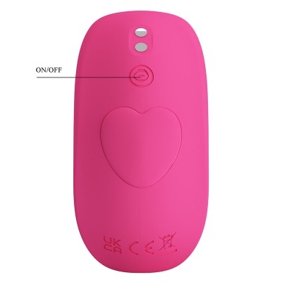 dispositivo eletrónico rosa com botão de coração e etiquetas de certificação