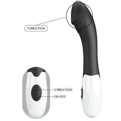 Vibrador preto e branco com comando remoto branco e botões VIBRATION e ON/OFF