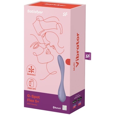 Embalagem rosa e roxa com vibrador azul curvado e texto promocional